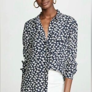 Ganni rosebud printed crepe de chine shirt in navy